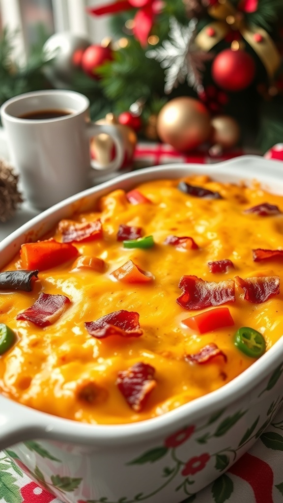 A golden brown breakfast casserole with cheese and bell peppers, served on a festive table for Christmas.